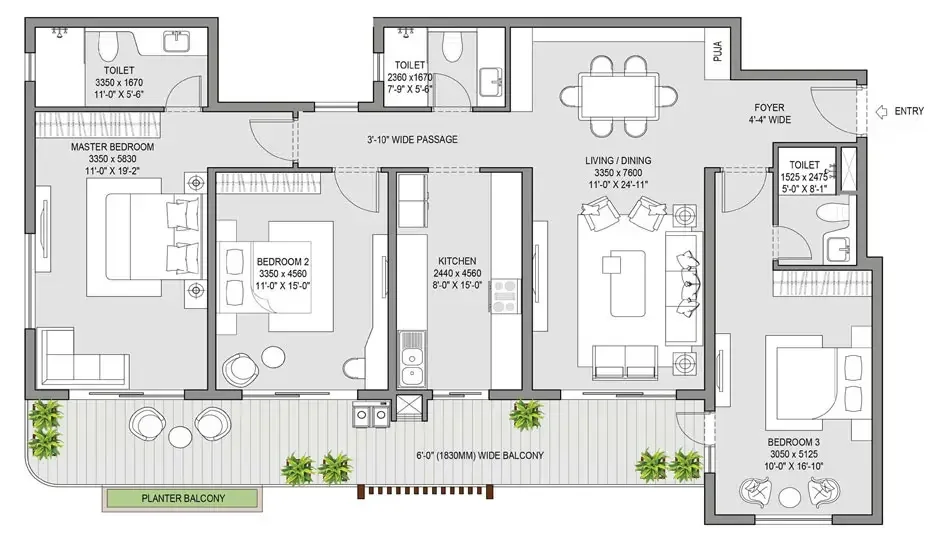Crown Residences 3 BHK floor plan